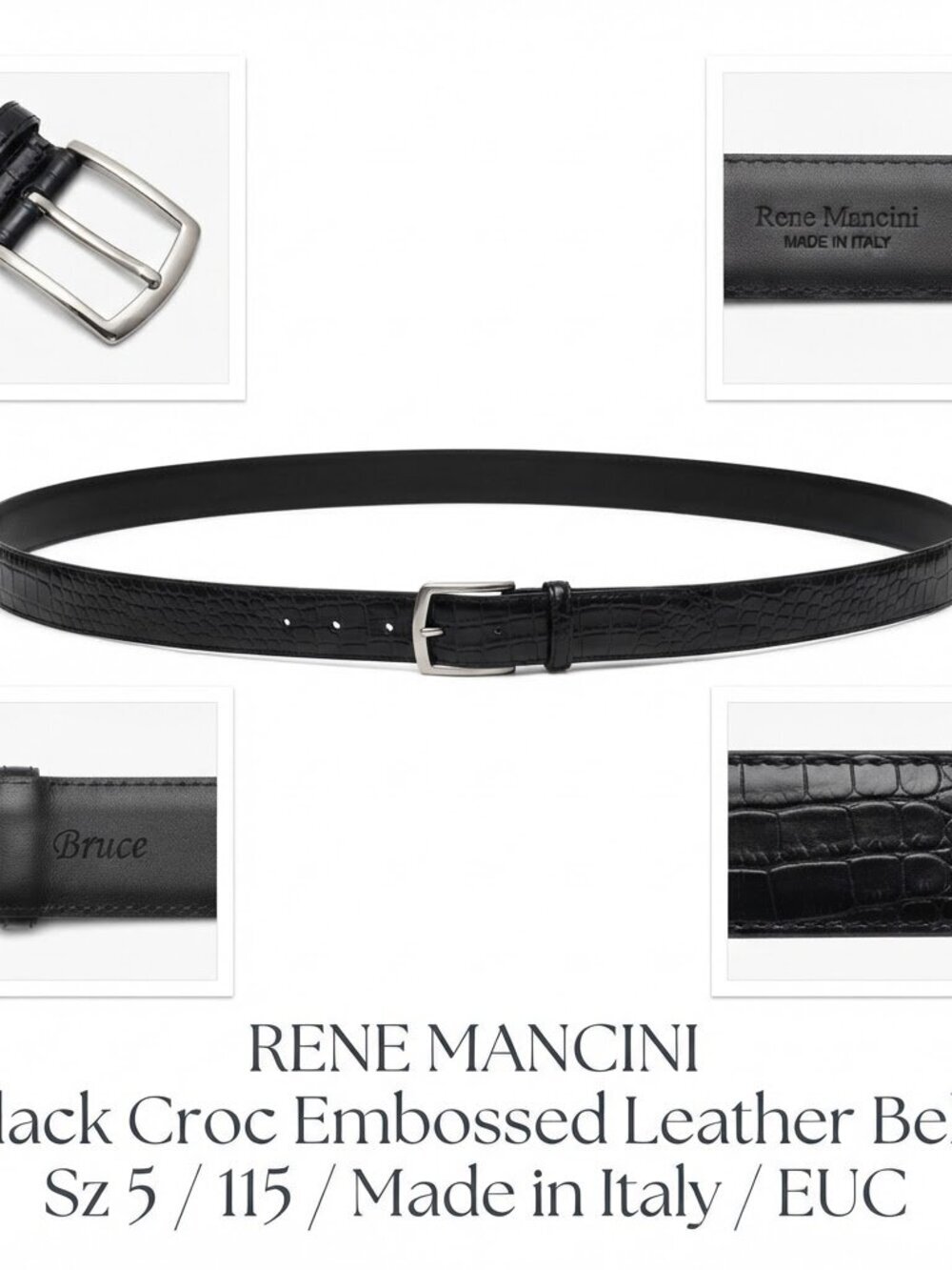 PRICE DROP Rene Mancini Black Croc Embossed Leather Belt Sz 44/46 Made in Italy
